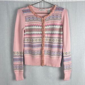 Vintage Crazy House Sweater Pink Fair Isle Cardigan Coquette Cottagecore Granny